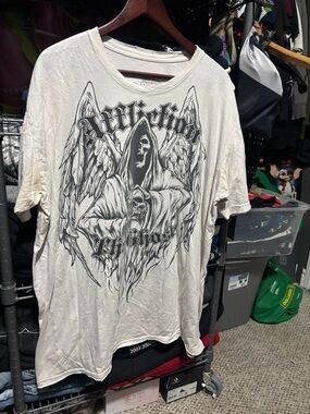 Affliction Off-White Short Sleeve Graphic Tee with Black Gothic Print